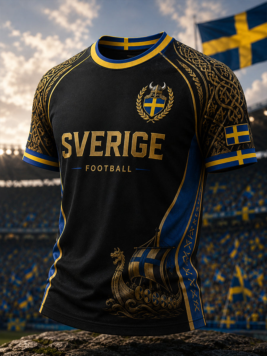 Herrlig retrovikingafotbollströja med motiv, raglanärmar och korta ärmar