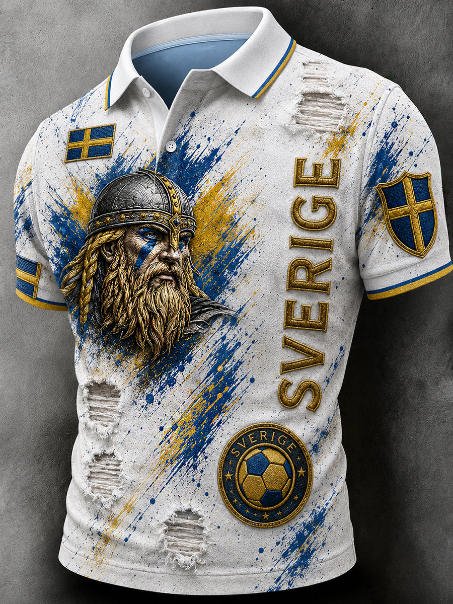 Retro svensk fotbollsfanart-print avslappnad pikétröja