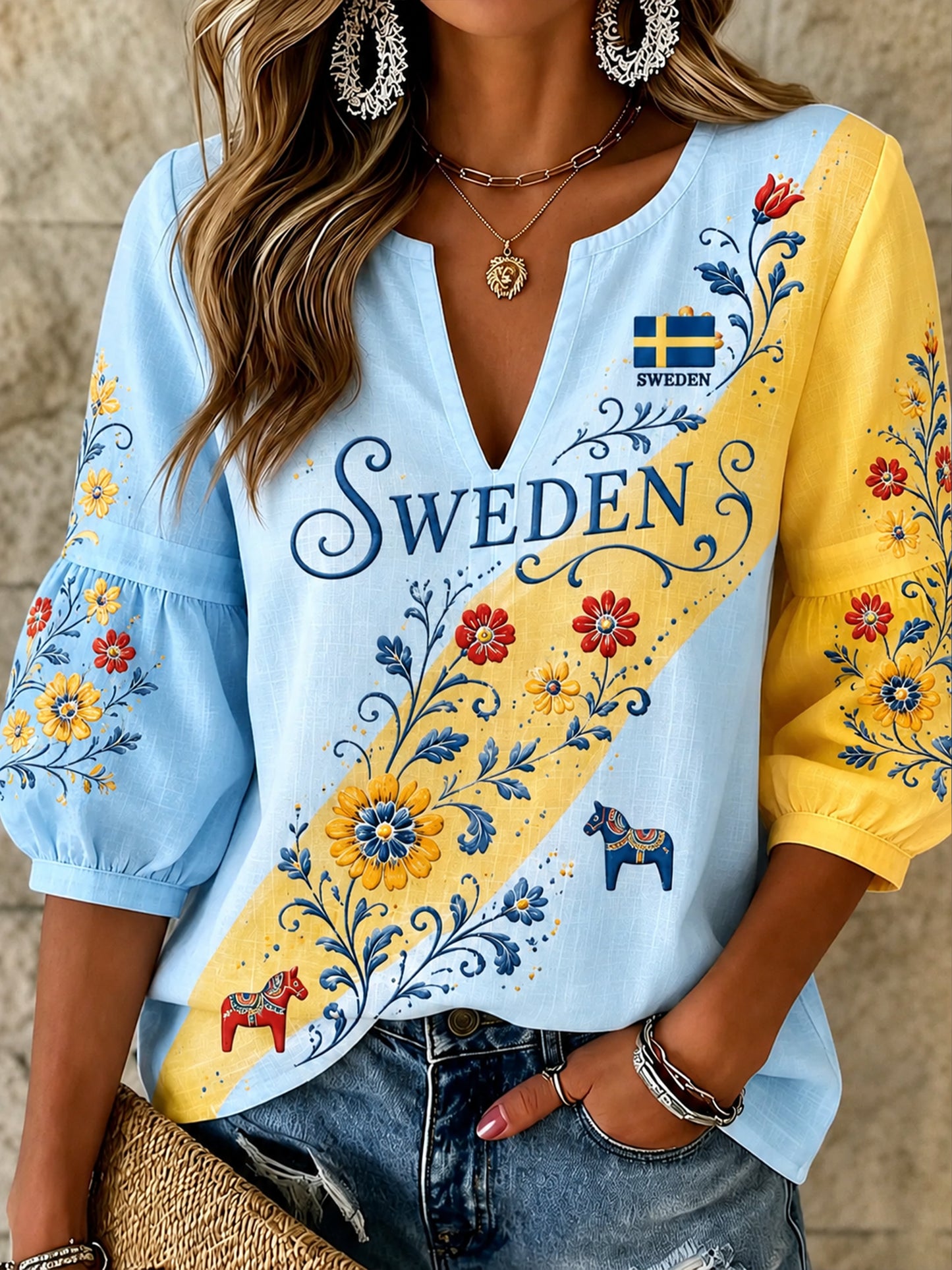 Dammens svenska midsommarminneskonsttryck V-ringad topp