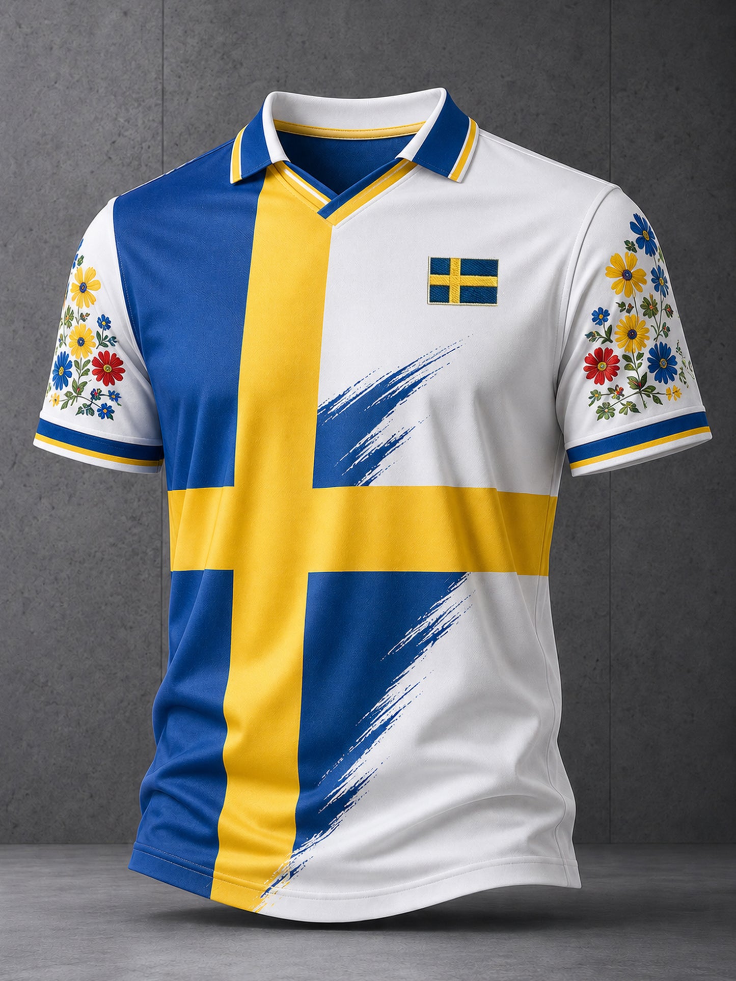 Herrtröja med V-ringning och konsttryck till minne av midsommardagen i Sverige