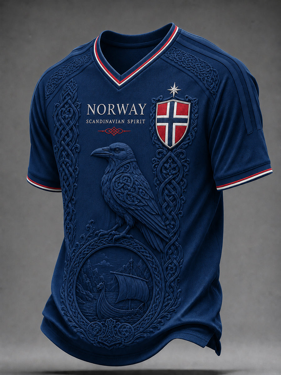 Herrerens retro t-skjorte i nordisk stil med norsk kunsttrykk