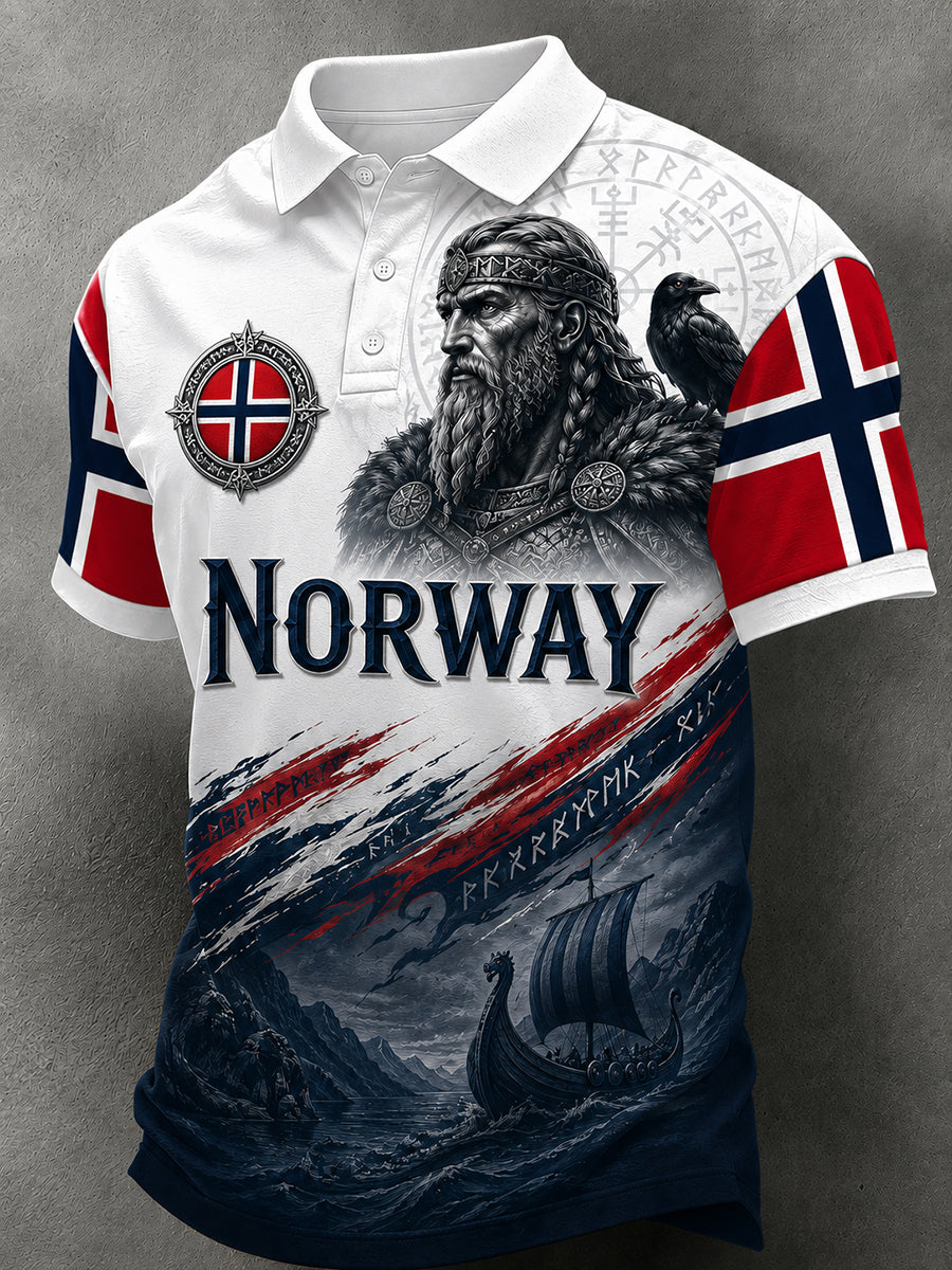 Menns retro nordisk stil norsk kunsttrykk avslappet poloskjorte
