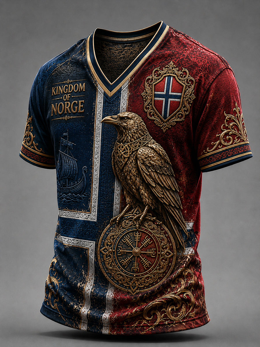 Herrerens retro t-skjorte i nordisk stil med norsk kunsttrykk
