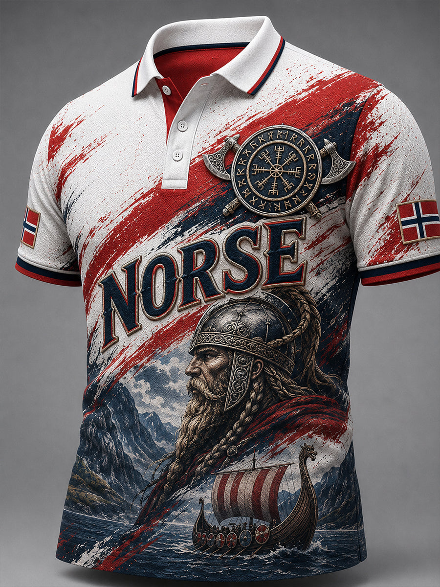 Menns retro nordisk stil norsk kunsttrykk avslappet poloskjorte