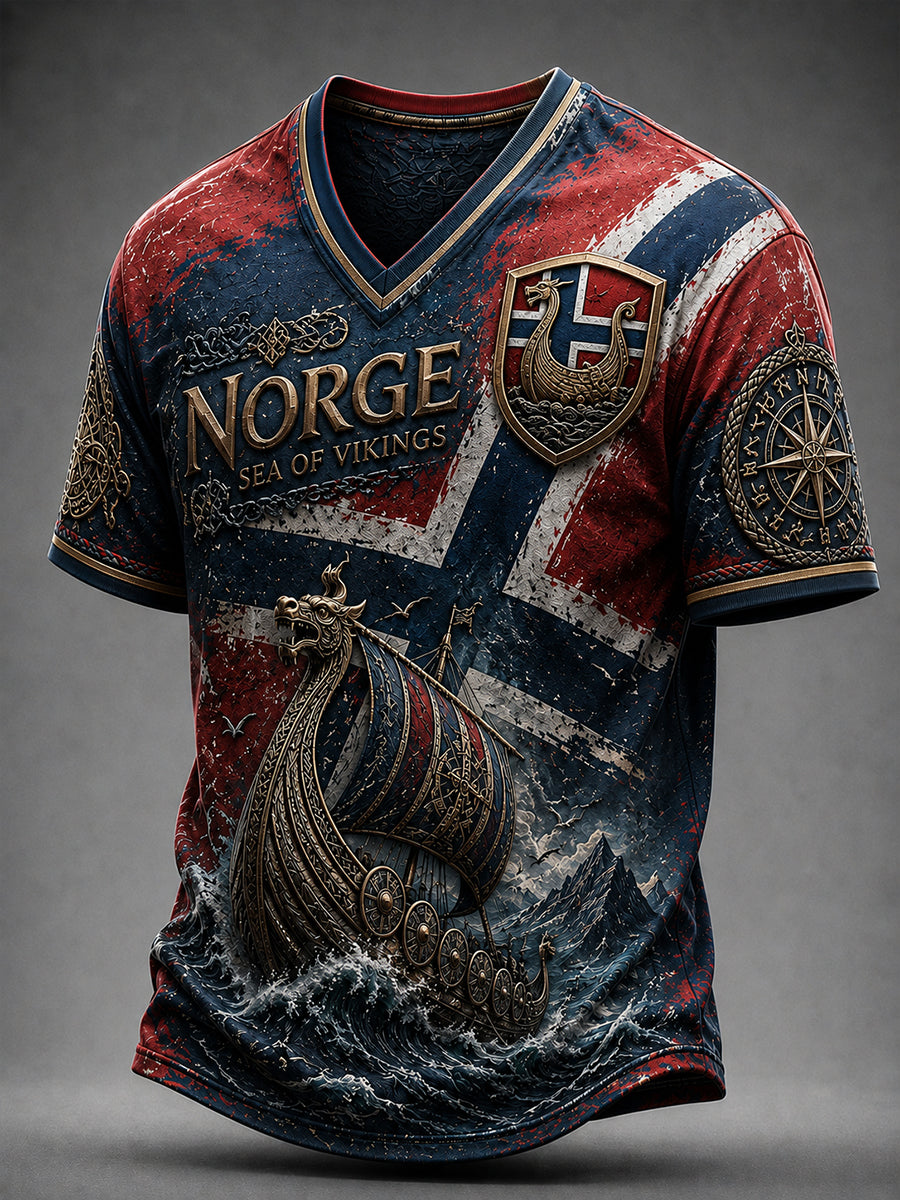 Herrerens retro t-skjorte i nordisk stil med norsk kunsttrykk