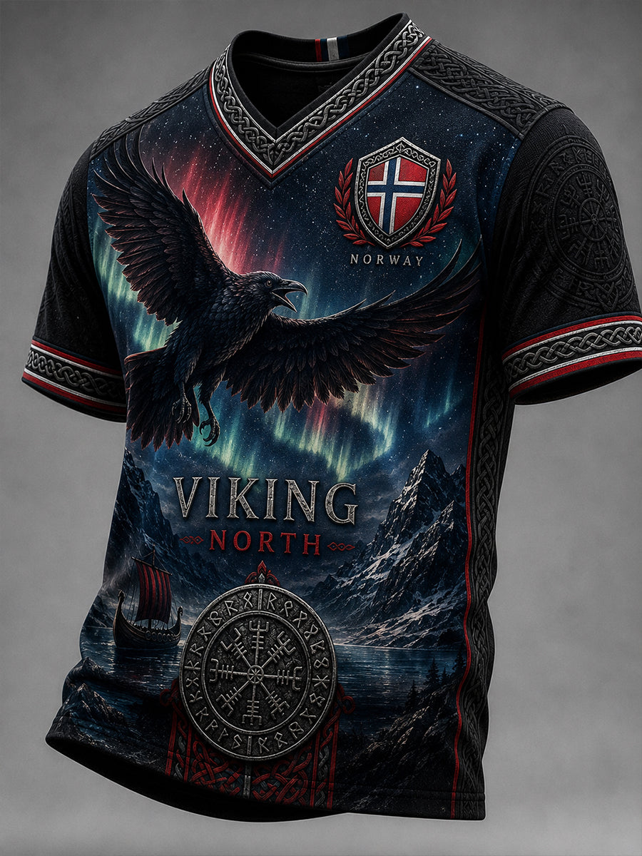 Herrerens retro t-skjorte i nordisk stil med norsk kunsttrykk