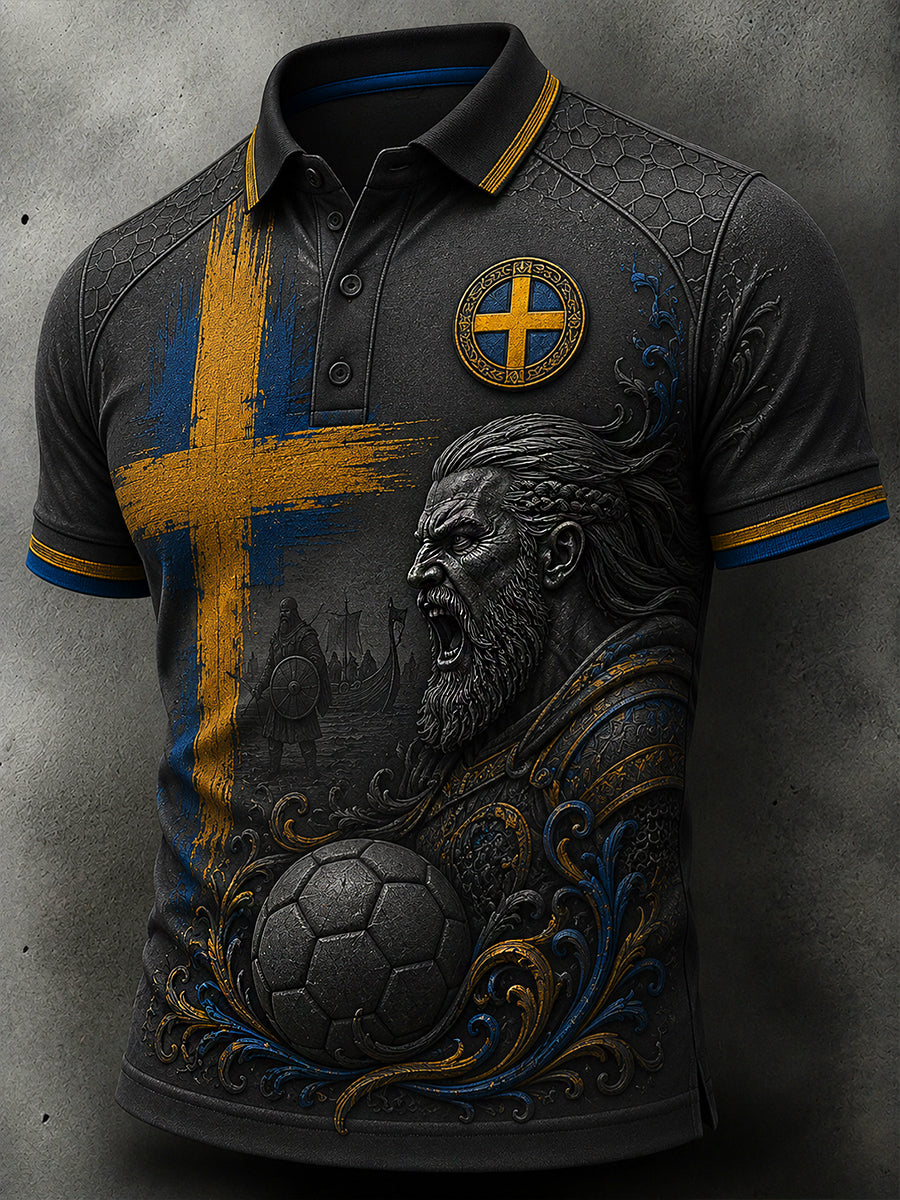 Retrodammsugare för män med svensk fotbollsskärm konsttryck avslappnad pikétröja
