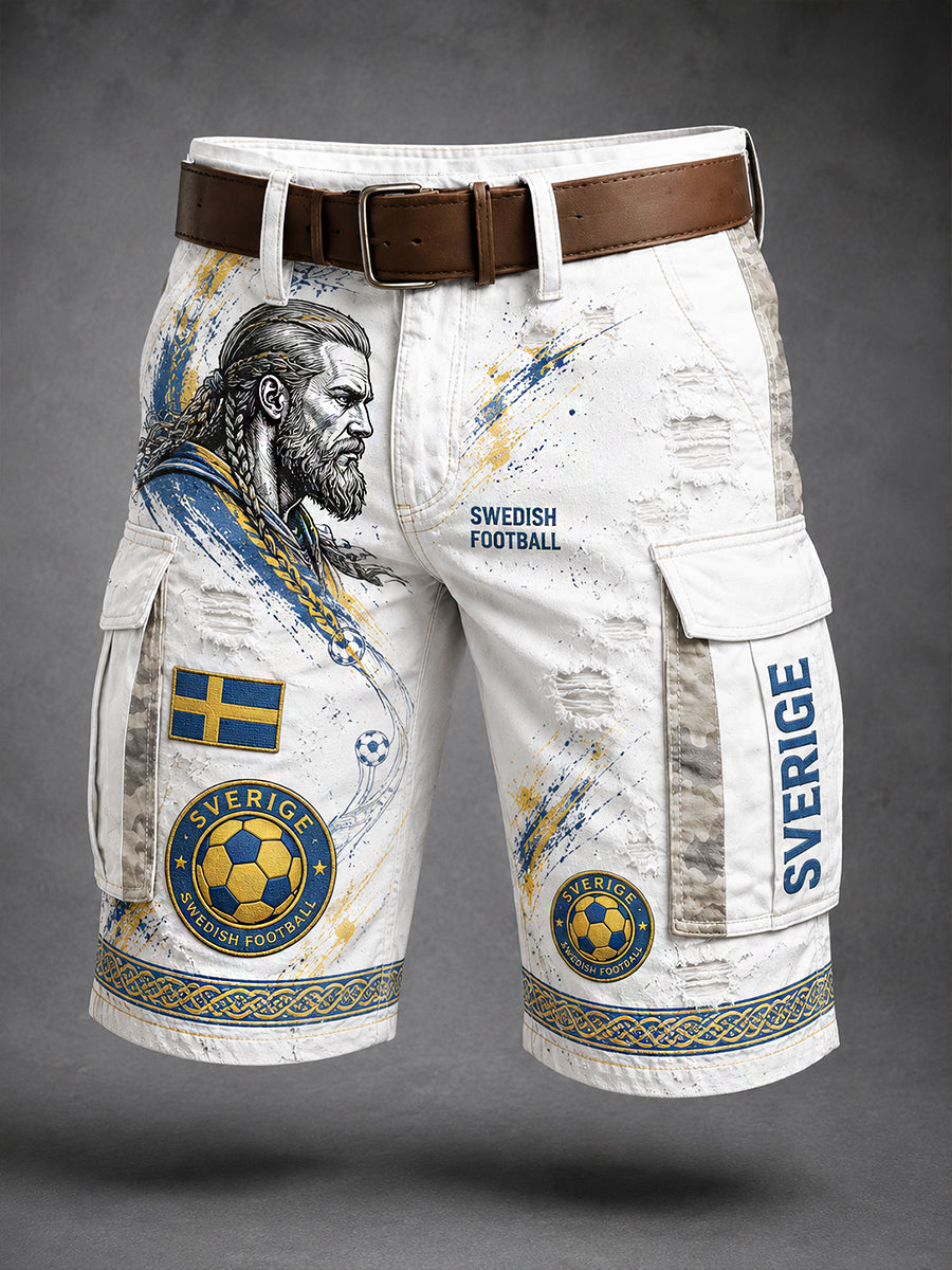 Retrodammskott för män med svensk fotbollssupporterkonst – avslappnade shorts