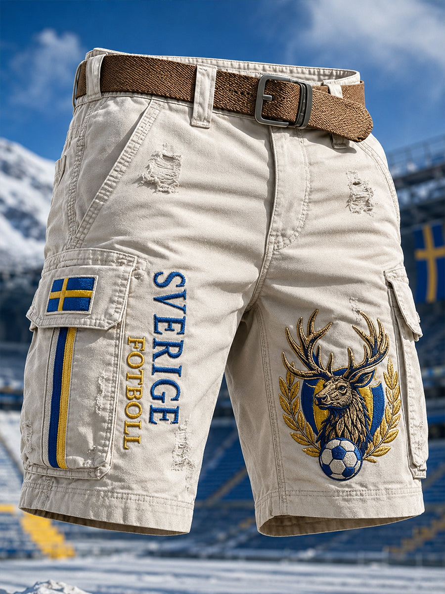 Retrodammskott för män med svensk fotbollssupporterkonst – avslappnade shorts