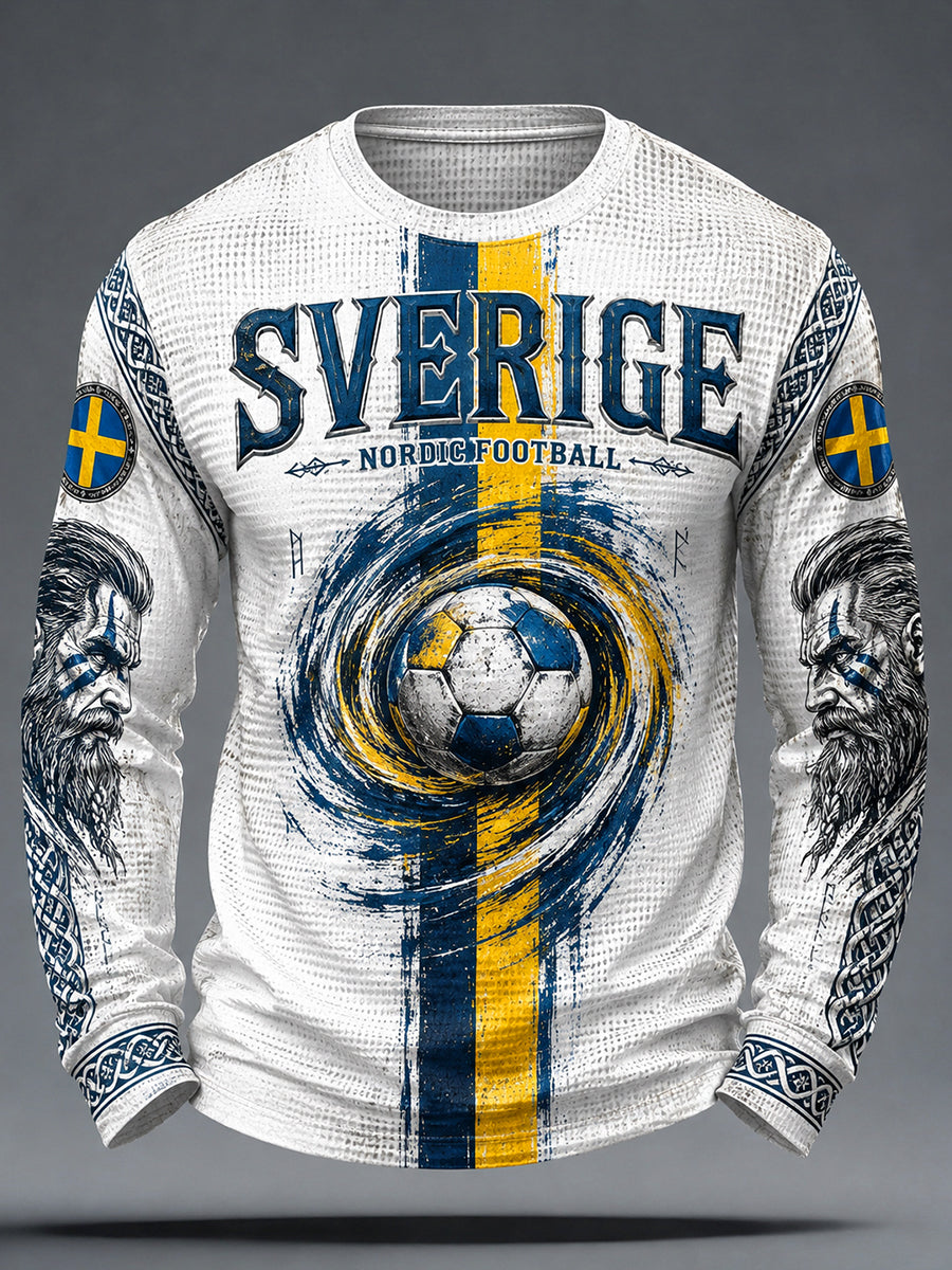 Herrar Retro svensk fotbollssupporterkonsttryck avslappnad vafleruksweater