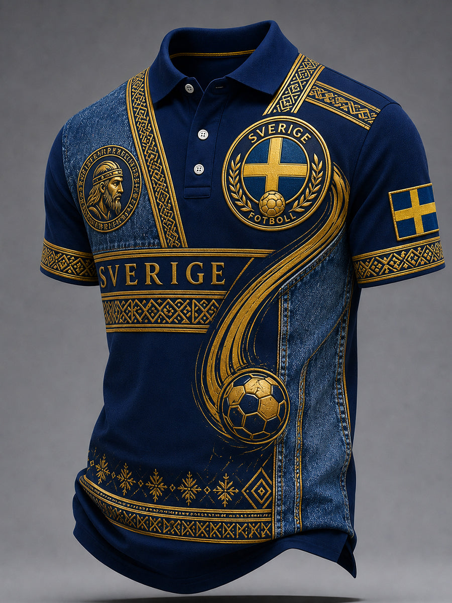 Retrodammsugare för män med svensk fotbollsskärm konsttryck avslappnad pikétröja