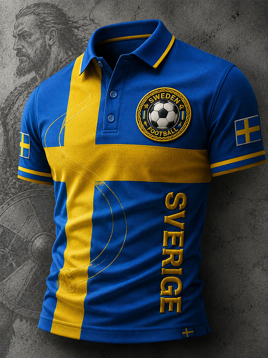 Retrodammsugare för män med svensk fotbollsskärm konsttryck avslappnad pikétröja