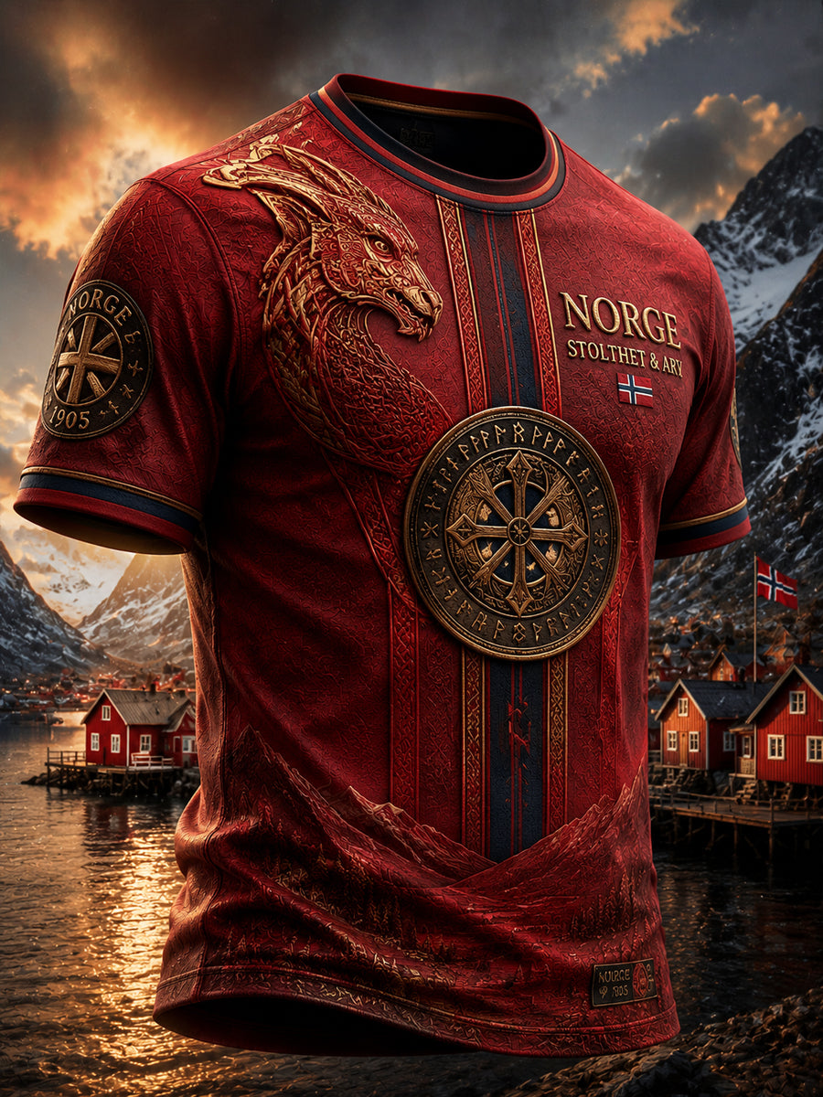 Retro norsk tribaltrykk lappeteppe avslappet t-skjorte