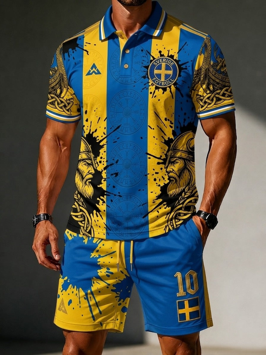 Herrset med retrodesign: svensk fotbollsentusiast 2026 – tryckt polo och shorts för vardagsbruk