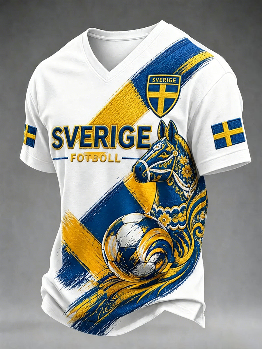 Herrtröja i svensk fotbollsstil med v-ringning