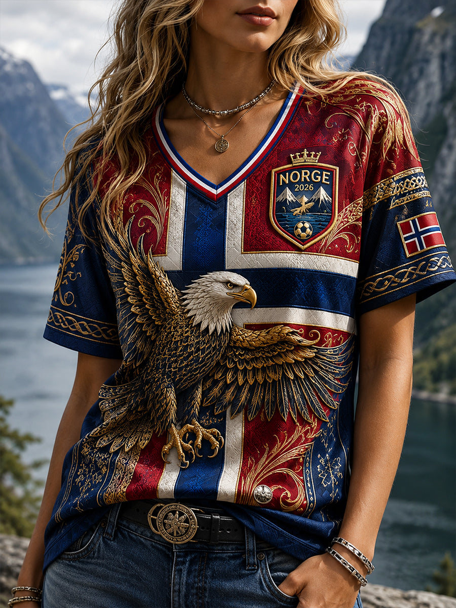 Kvinnelig retro nordisk stil norsk fotballfan kunsttrykk avslappet topp