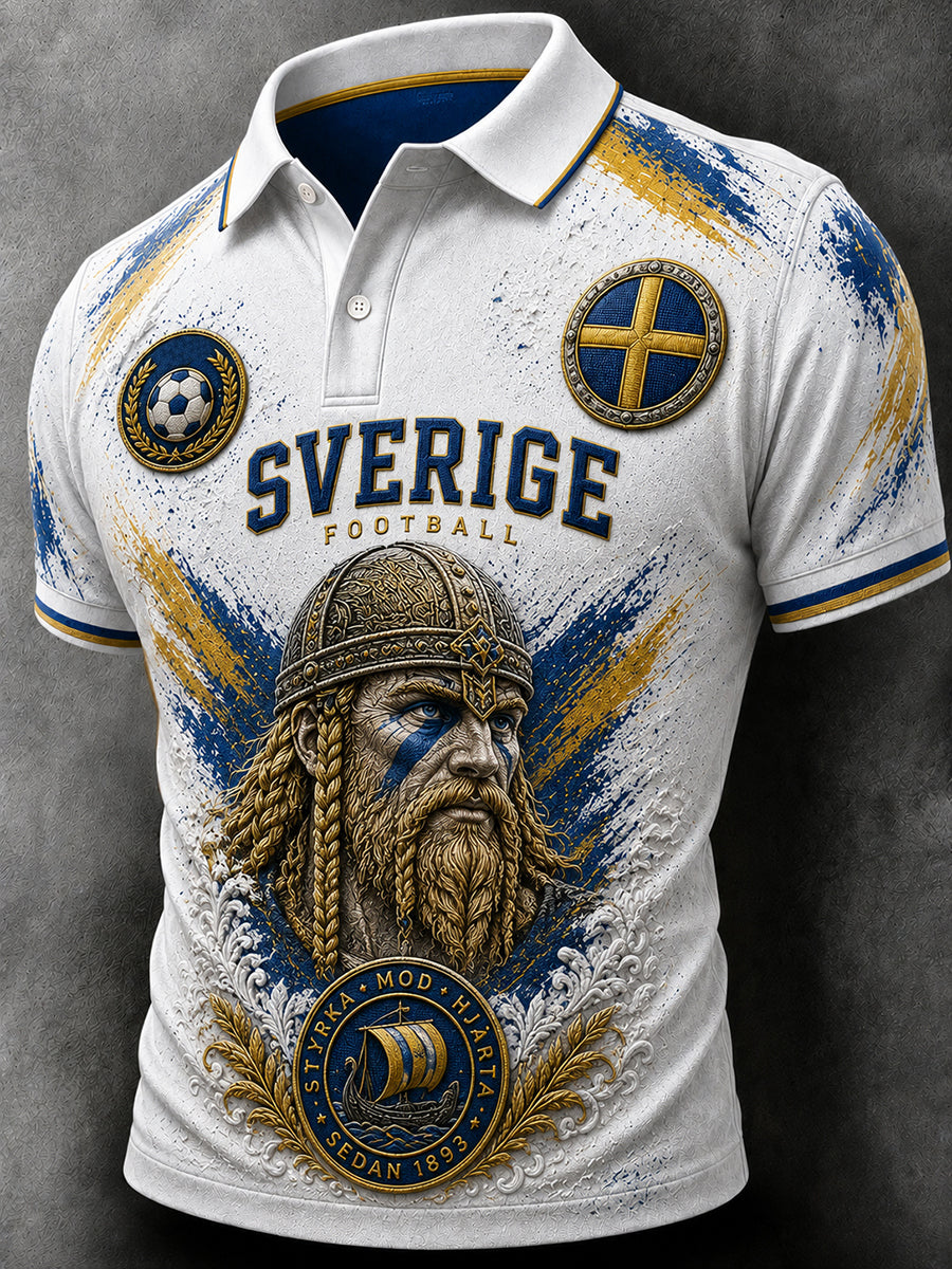 Retro svensk fotbollsfanart-print avslappnad pikétröja