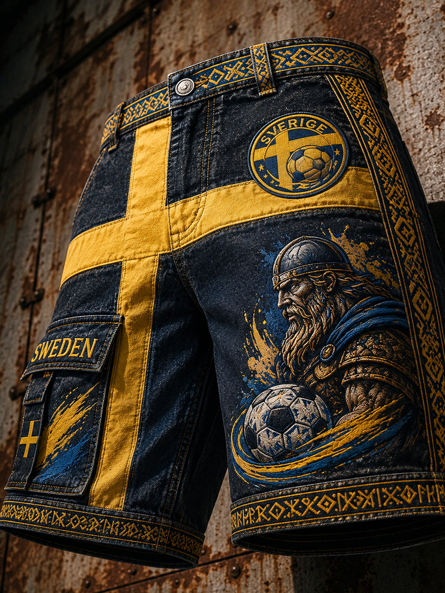 Retro svensk fotbollsfan-konsttryck avslappnade shorts