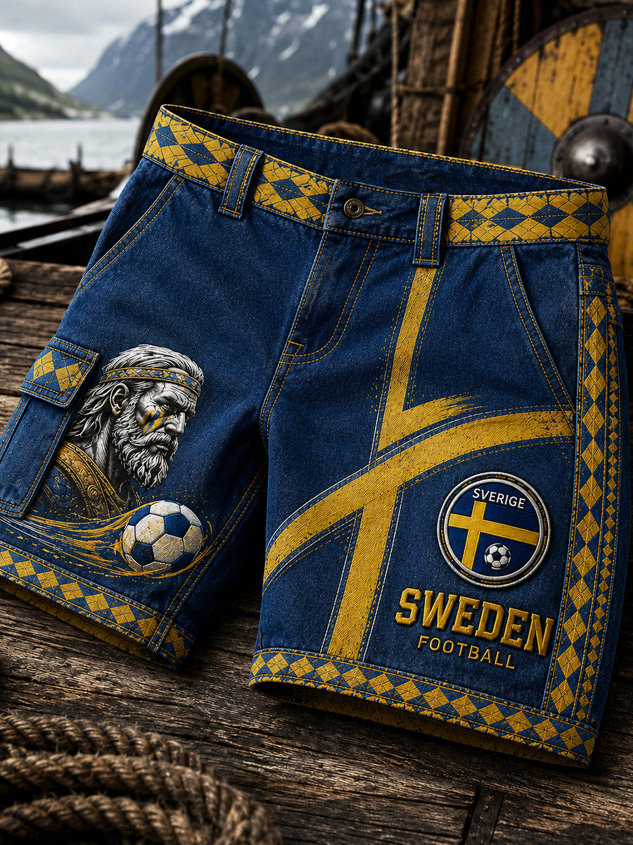 Retro svensk fotbollsfan-konsttryck avslappnade shorts