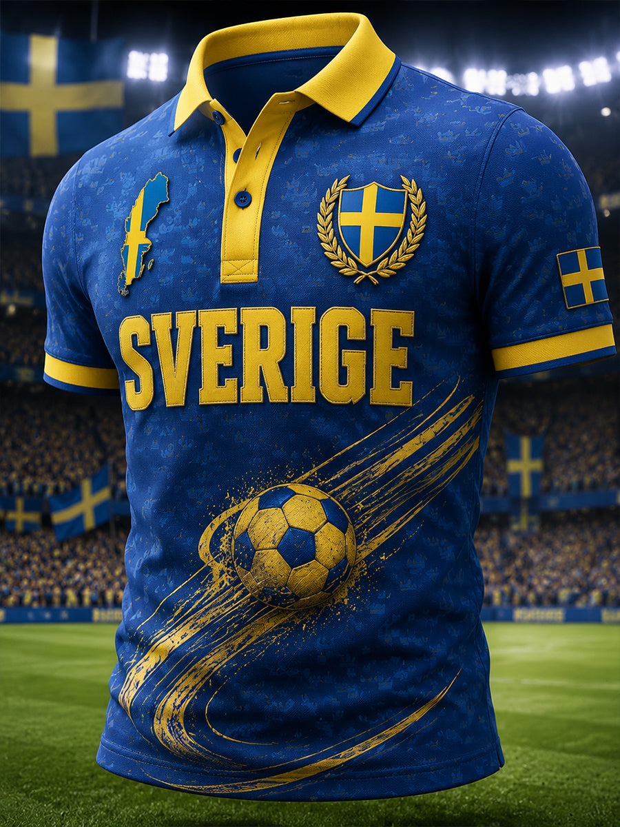 Herrpolotröja med korta ärmar och fotbollsmönster