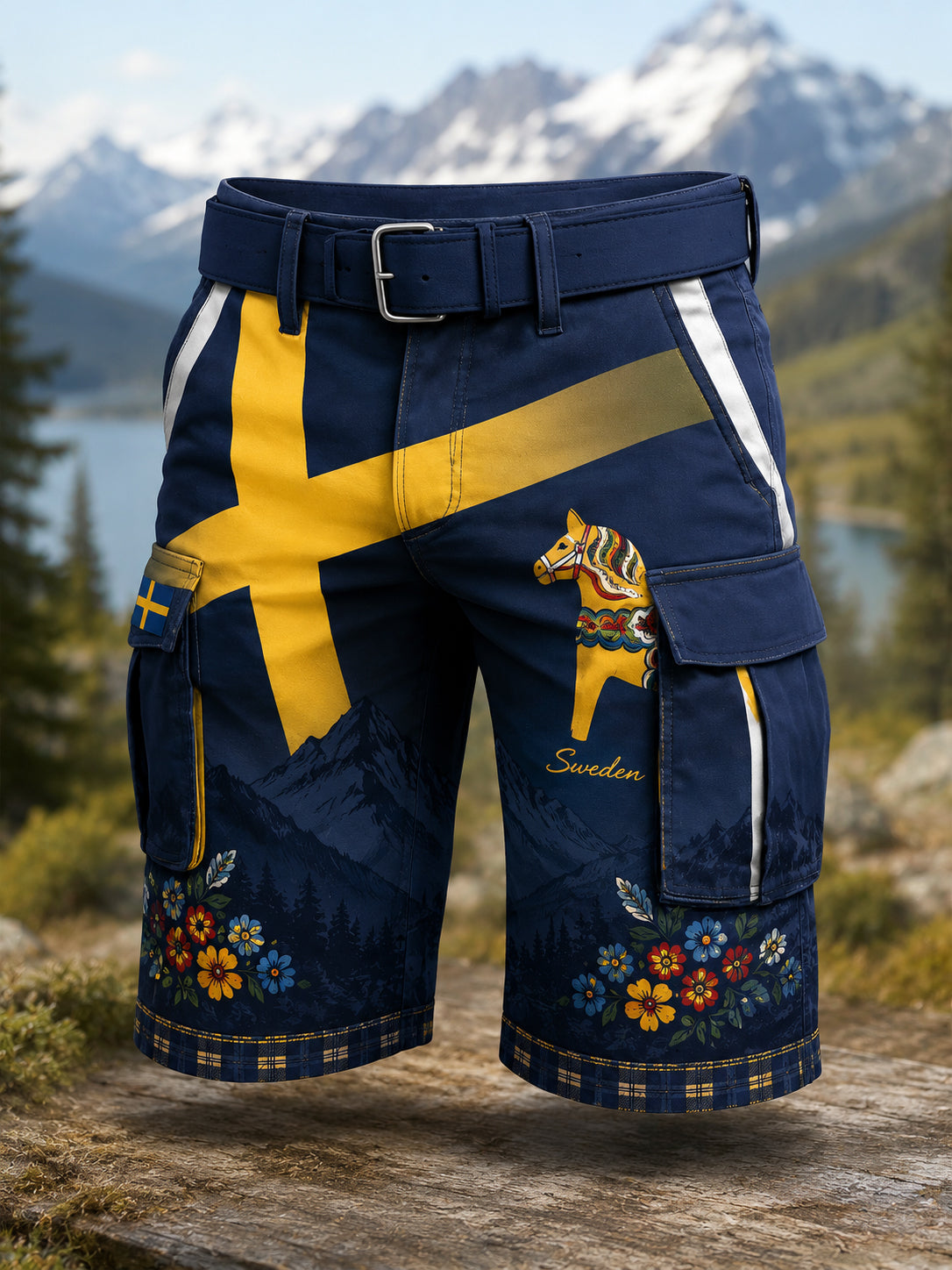Herrbyxor med konsttryck till minne av midsommardagen i Sverige