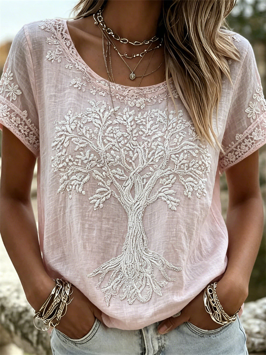 Damer Elegant Livets Träd Blommigt Spetskonsttryck linne t-shirt med korta ärmar