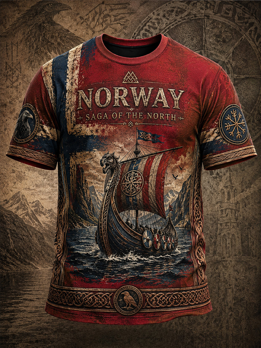 Retro nordisk norsk vikingkunsttrykk avslappet t-skjorte
