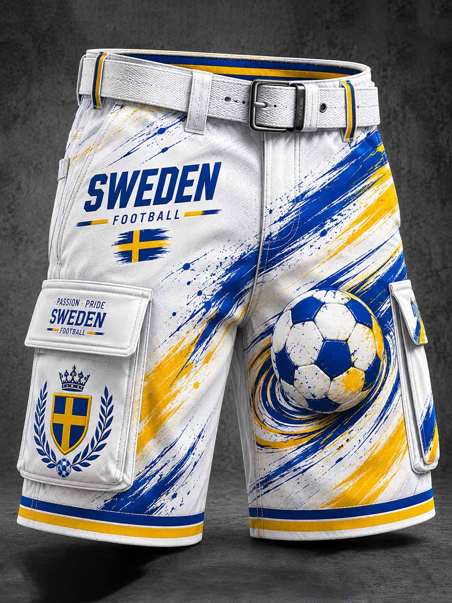 Retro svensk fotbollssupporter som hejar konsttryck avslappnad kort stil