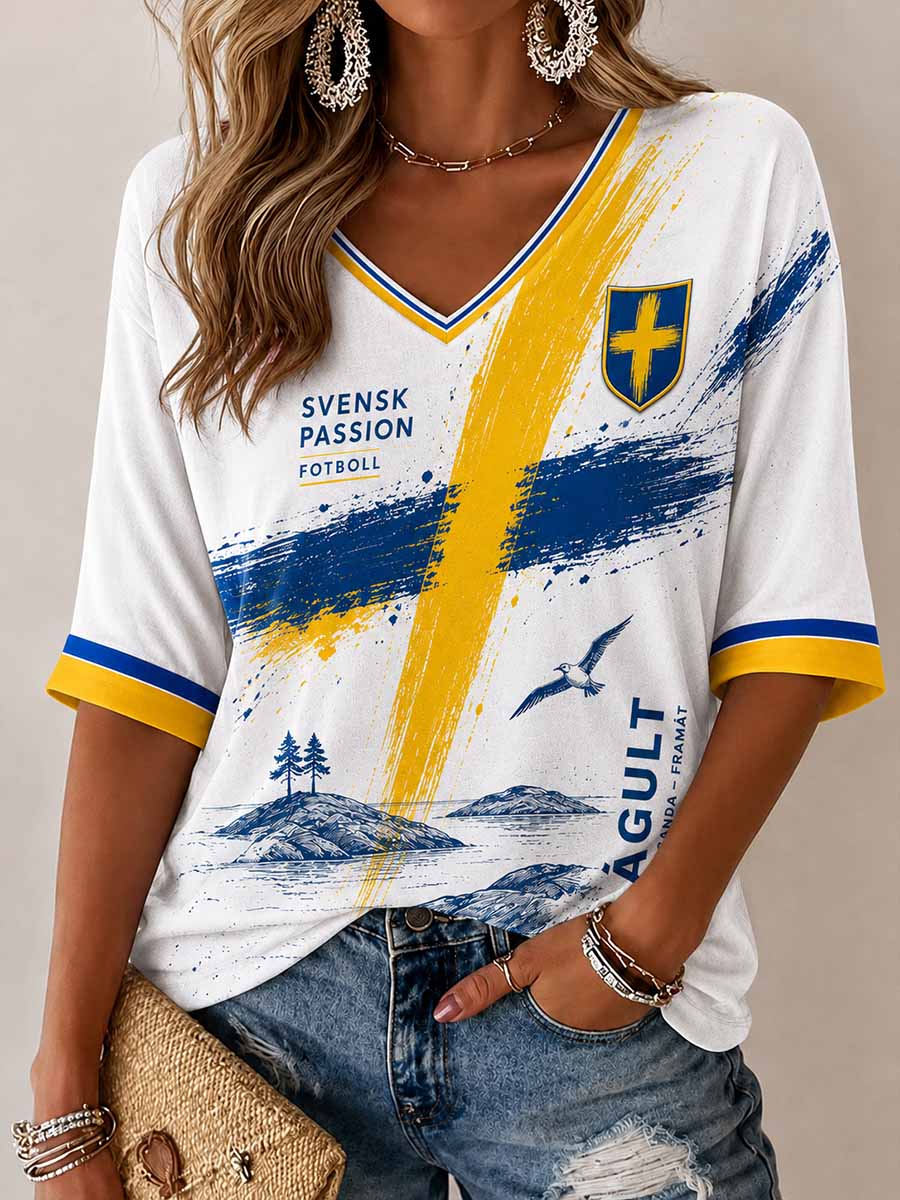 Retro svensk fotbollssupporter som hejar konsttryck avslappnad topp