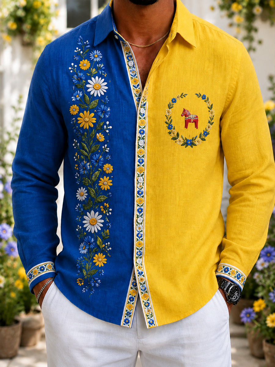 Retro svensk midsommarblommig karusellkonsttryck avslappnad skjorta i bomull och lin
