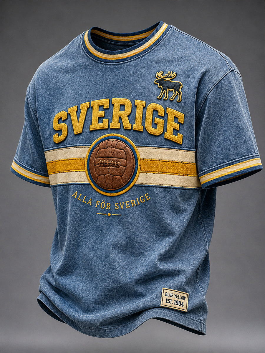 Retro svensk fotbollssupporter som hejar konsttryck avslappnad t-shirt