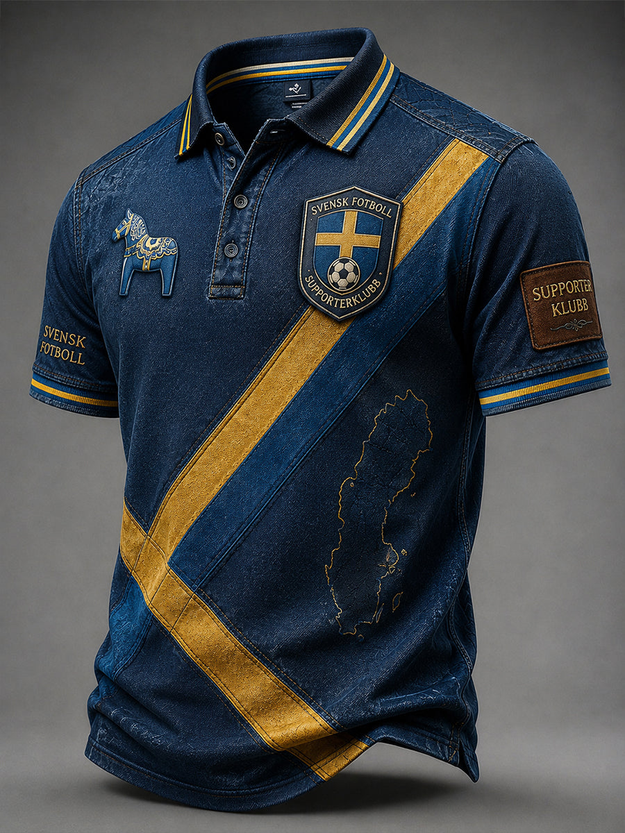 Retro svensk fotbollsfan som hejar konsttryck avslappnad pikétröja
