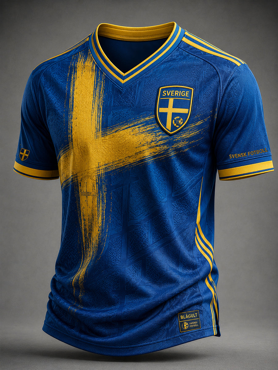 Retro svensk fotbollssupporter som hejar konsttryck avslappnad t-shirt