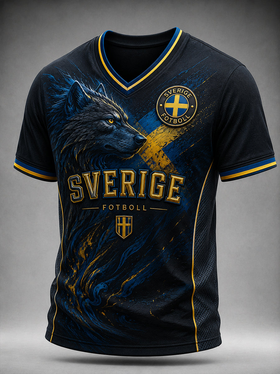 Retro svensk fotbollssupporter som hejar konsttryck avslappnad t-shirt