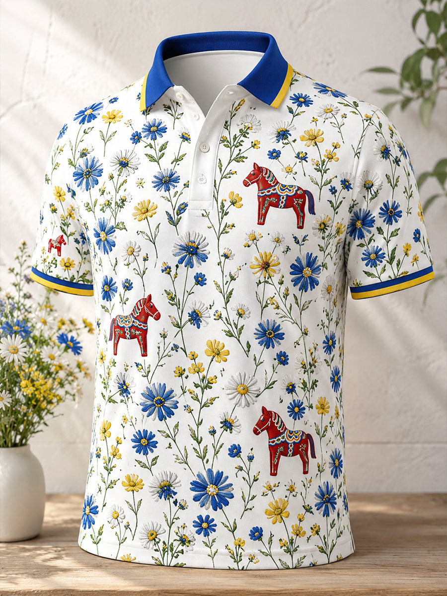Retro midsommarkonsttryck avslappnad bekväm polotröja