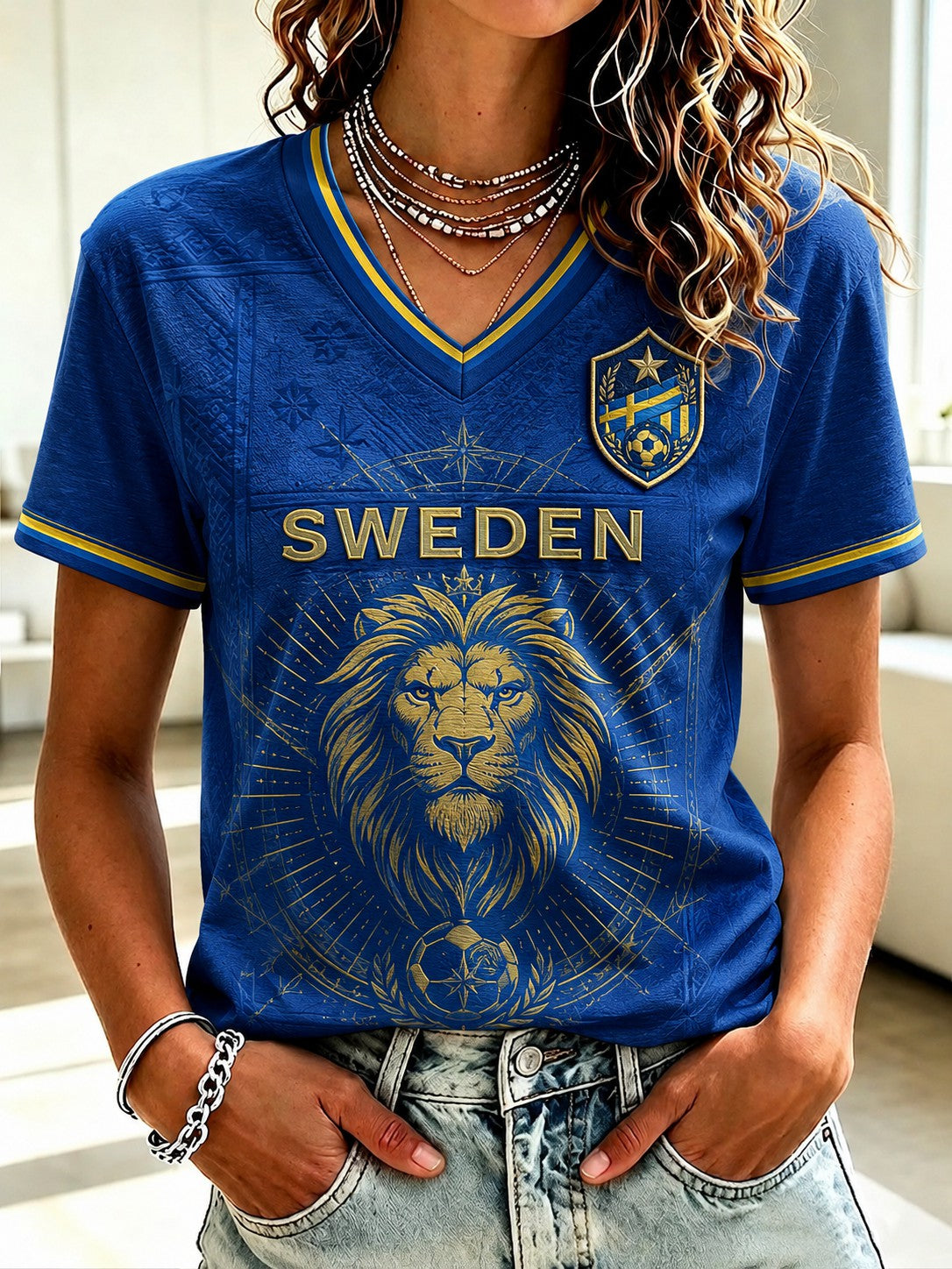 Damens Sverige Fotboll Tryckt V-hals T-shirt