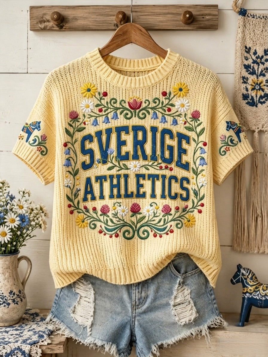 Damernas retro svensk midsommarfolk-stil blommig kortärmad stickad t-shirt