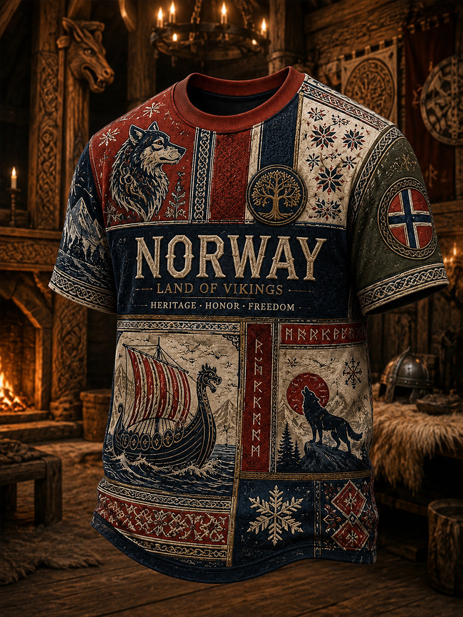Retro norsk viking nordisk stil kunsttrykk avslappet t-skjorte