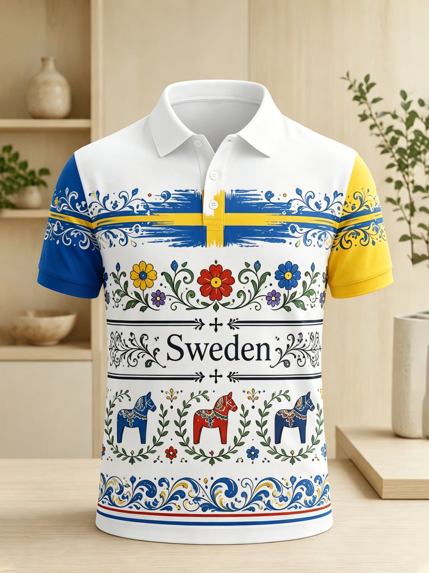 Herrpolotröja med konsttryck till minne av den svenska midsommarfesten