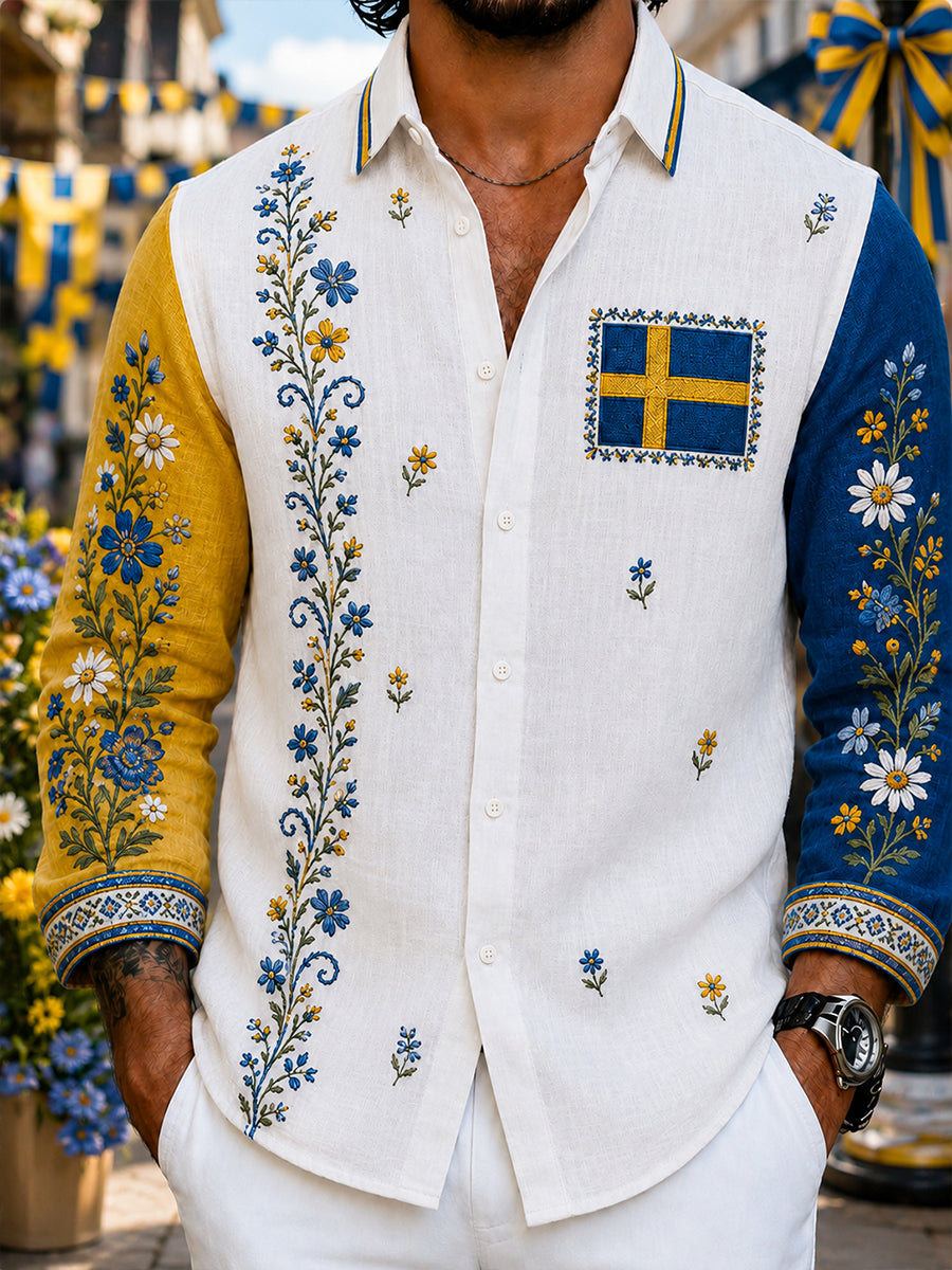 Retro svensk blommig Dalahästtryckt vardagsskjorta