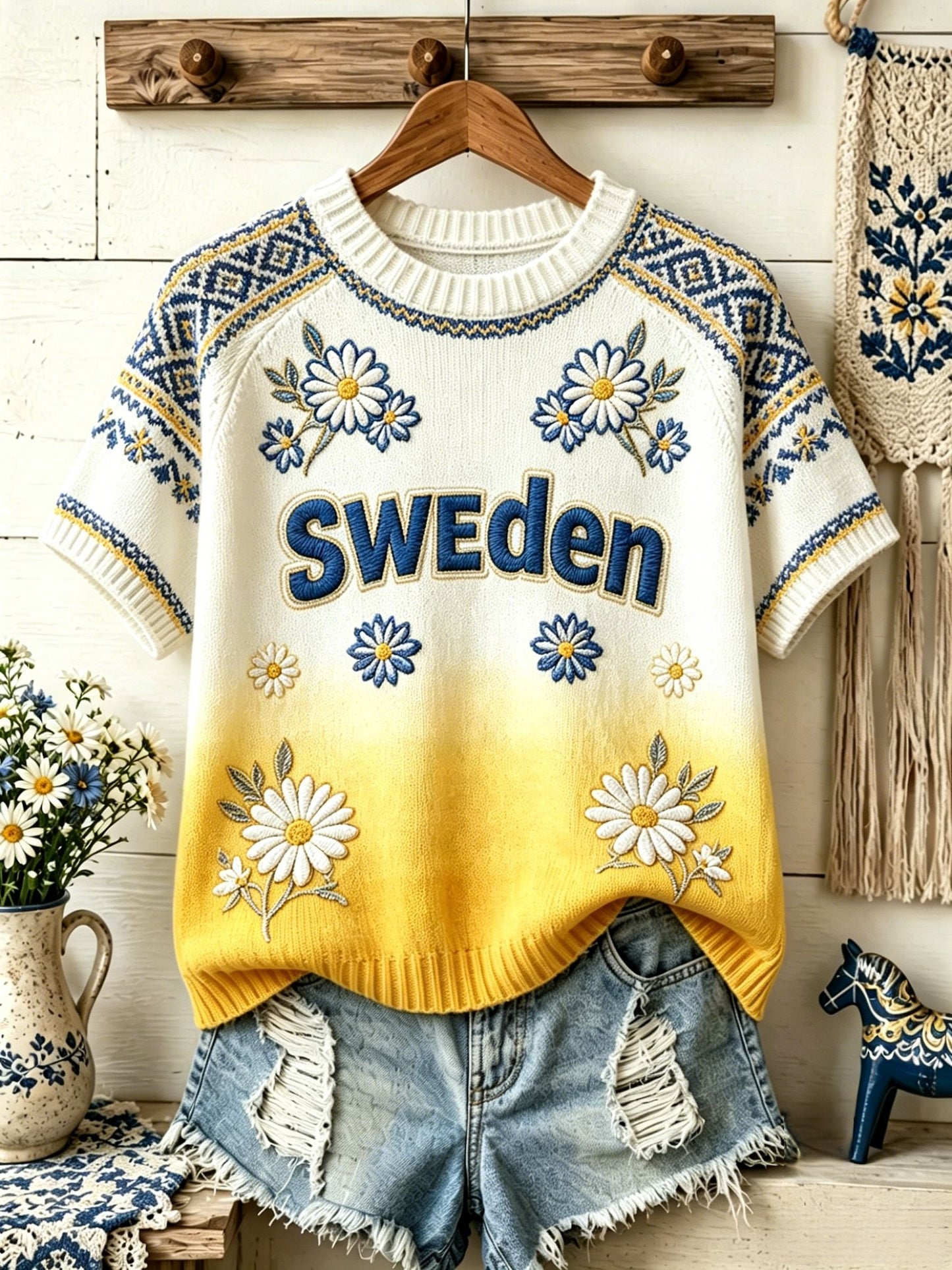 Dammens retro svensk midsommarfolkal blommig stickad kortärmad t-shirt