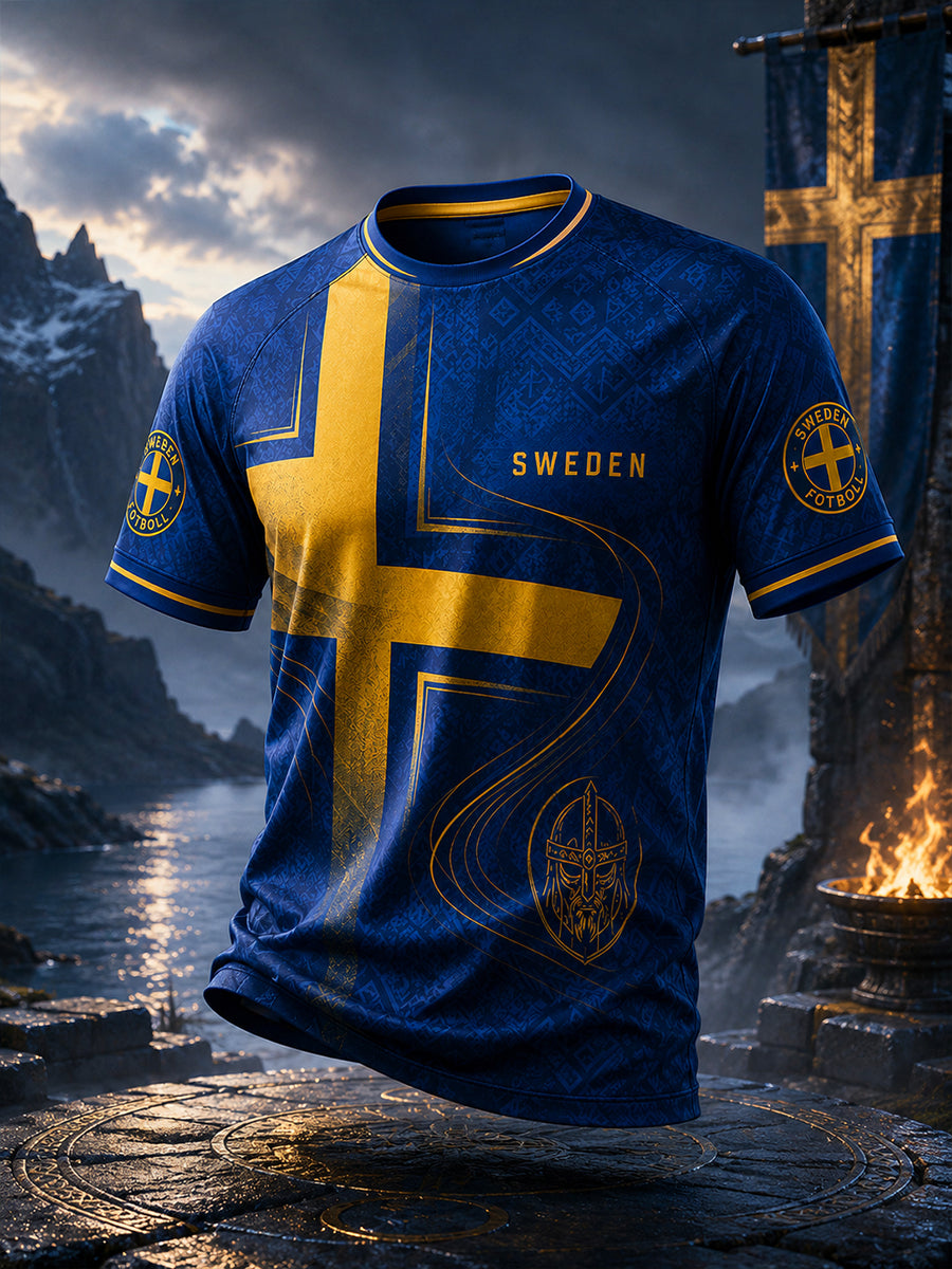 Retro svensk fotbollsfan-konsttryck avslappnad t-shirt