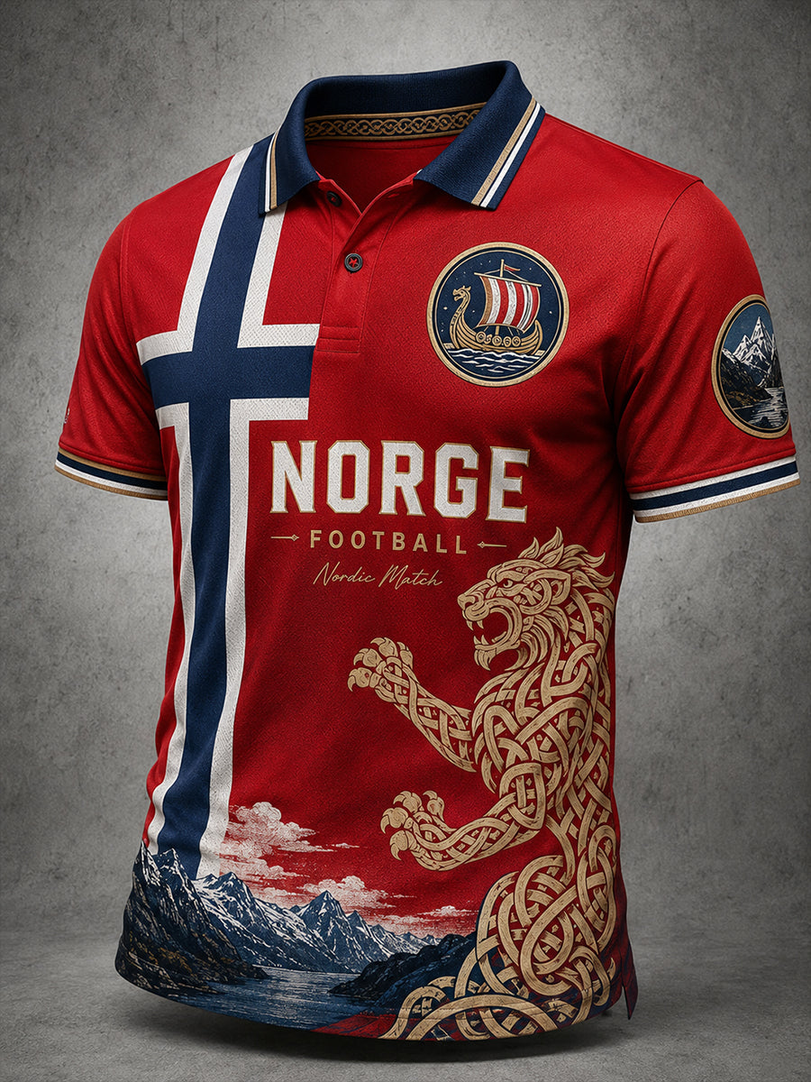 Retro norsk fotballfan-kunsttrykk avslappet poloskjorte