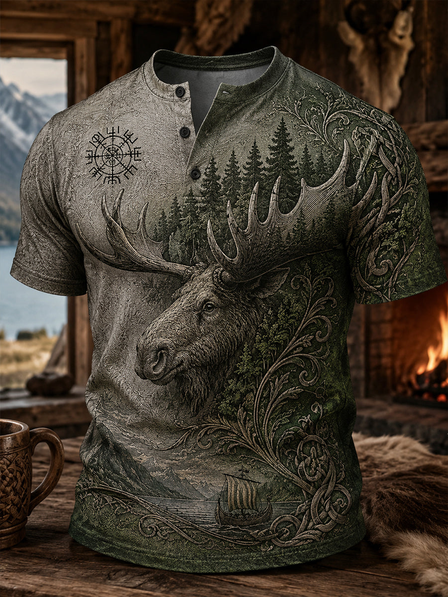 Retro norsk viking nordisk stil kunsttrykk uformell Henley-skjorte