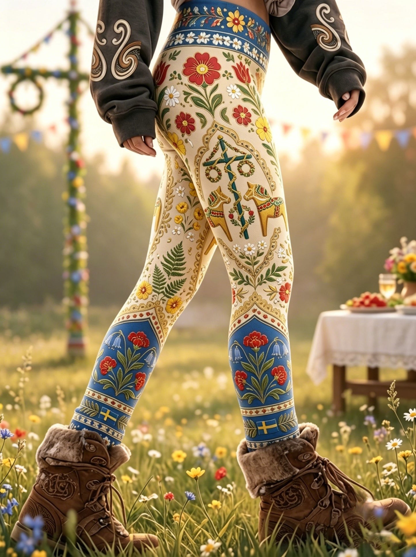 Damer Retro Svensk midsommar folkstil blommönstrade sportliga stretchleggings