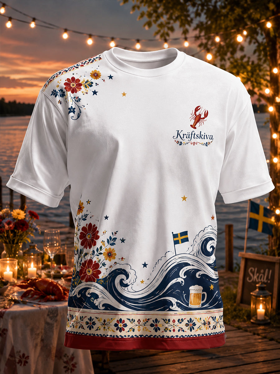Herrtröja med konsttryck på temat det svenska hummerfestivalen