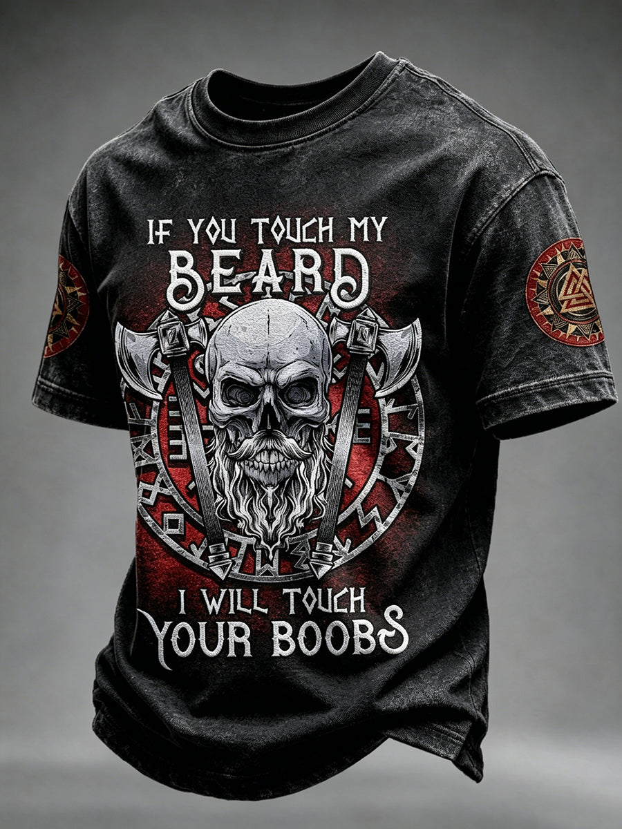 Herrviking T-shirt med korta ärmar och dödskallsmönster – “Om du rör min skägg”