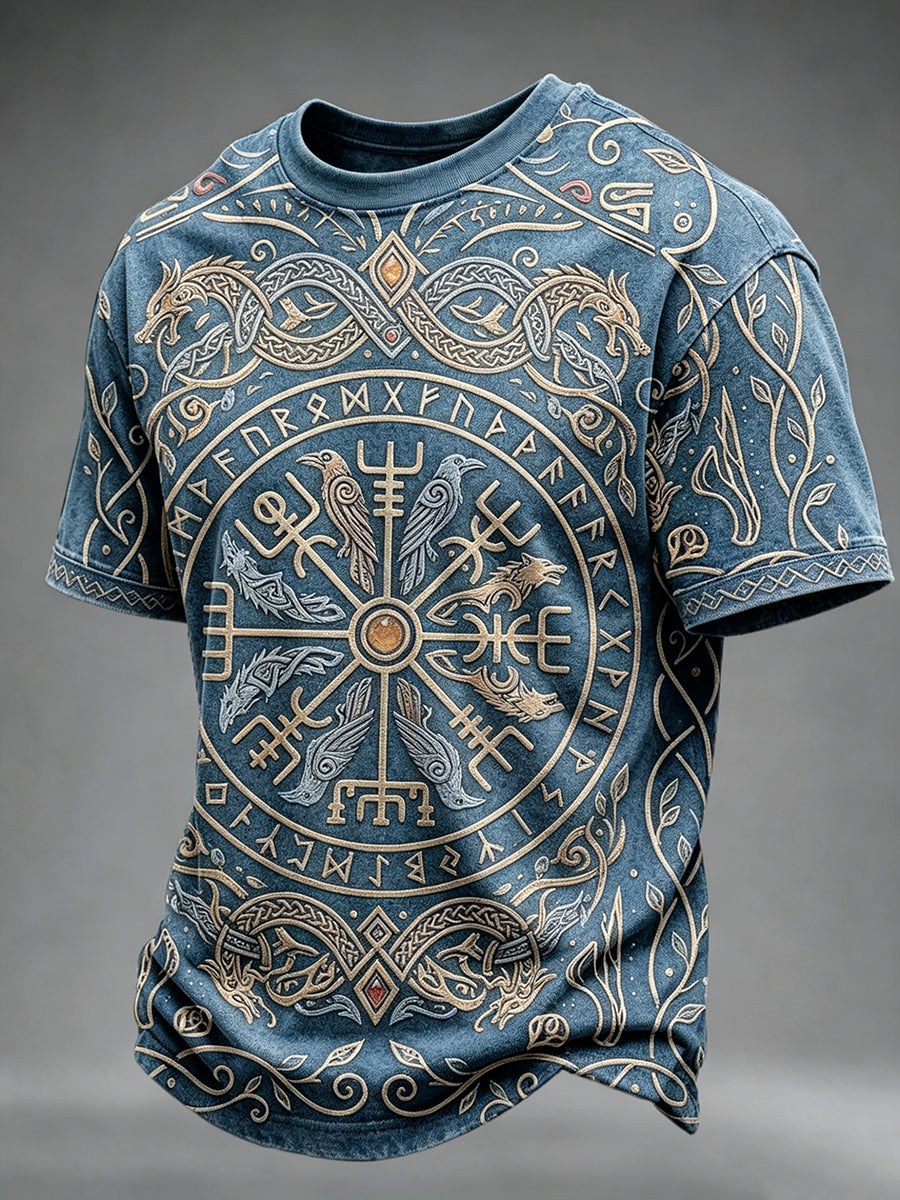 Mansvintage t-shirt med vikingakompassmönster och korta ärmar