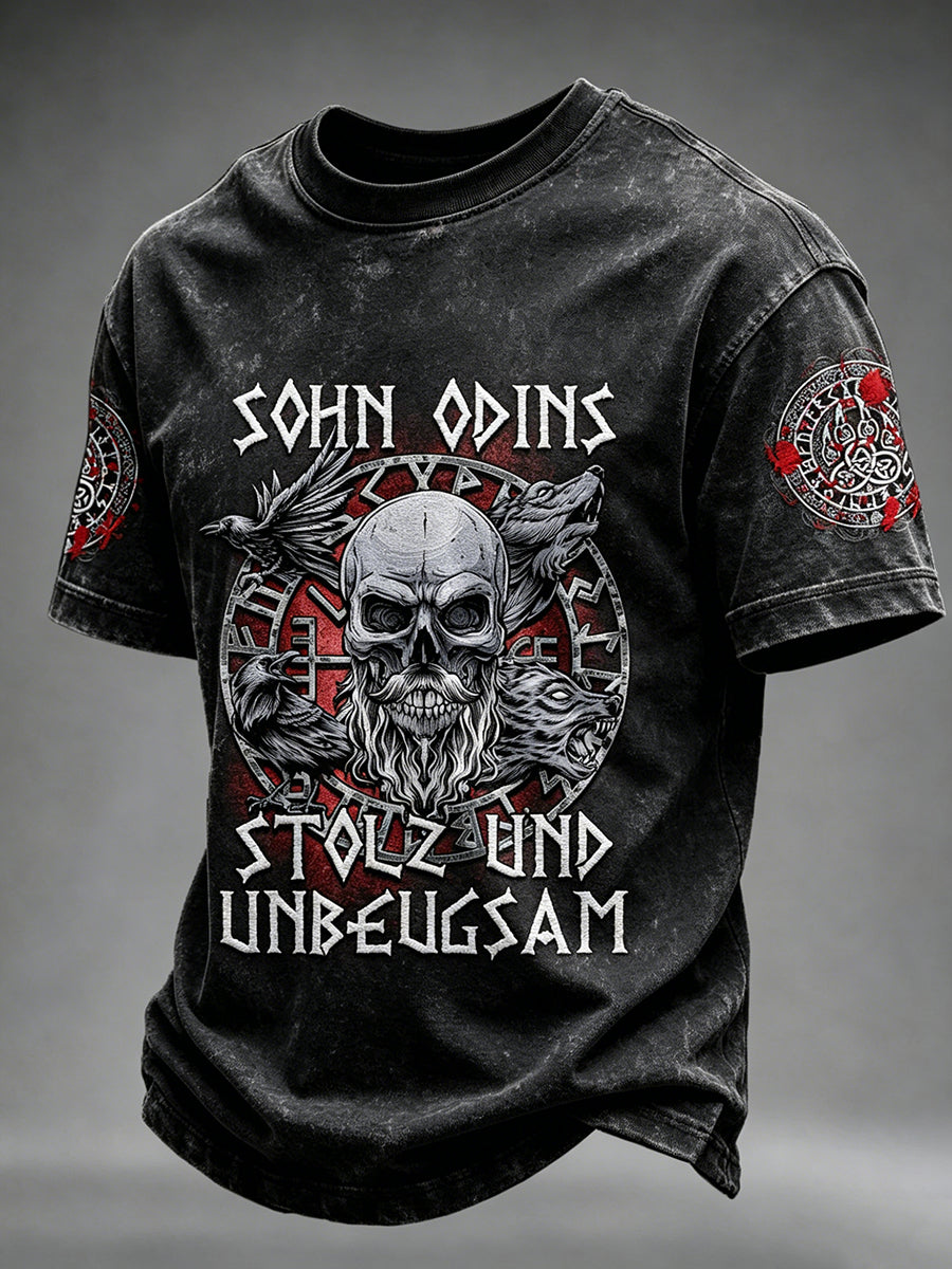 Herr Viking Odin Viking Valhalla T-shirt med dödskallsmönster och korta ärmar