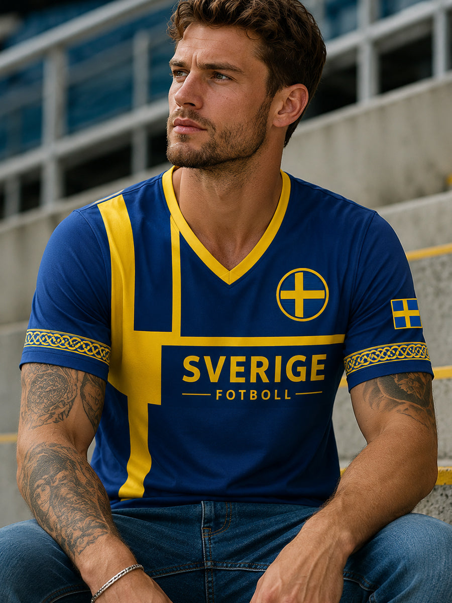 Retro svensk fotbollsfan konsttryck avslappnad t-shirt